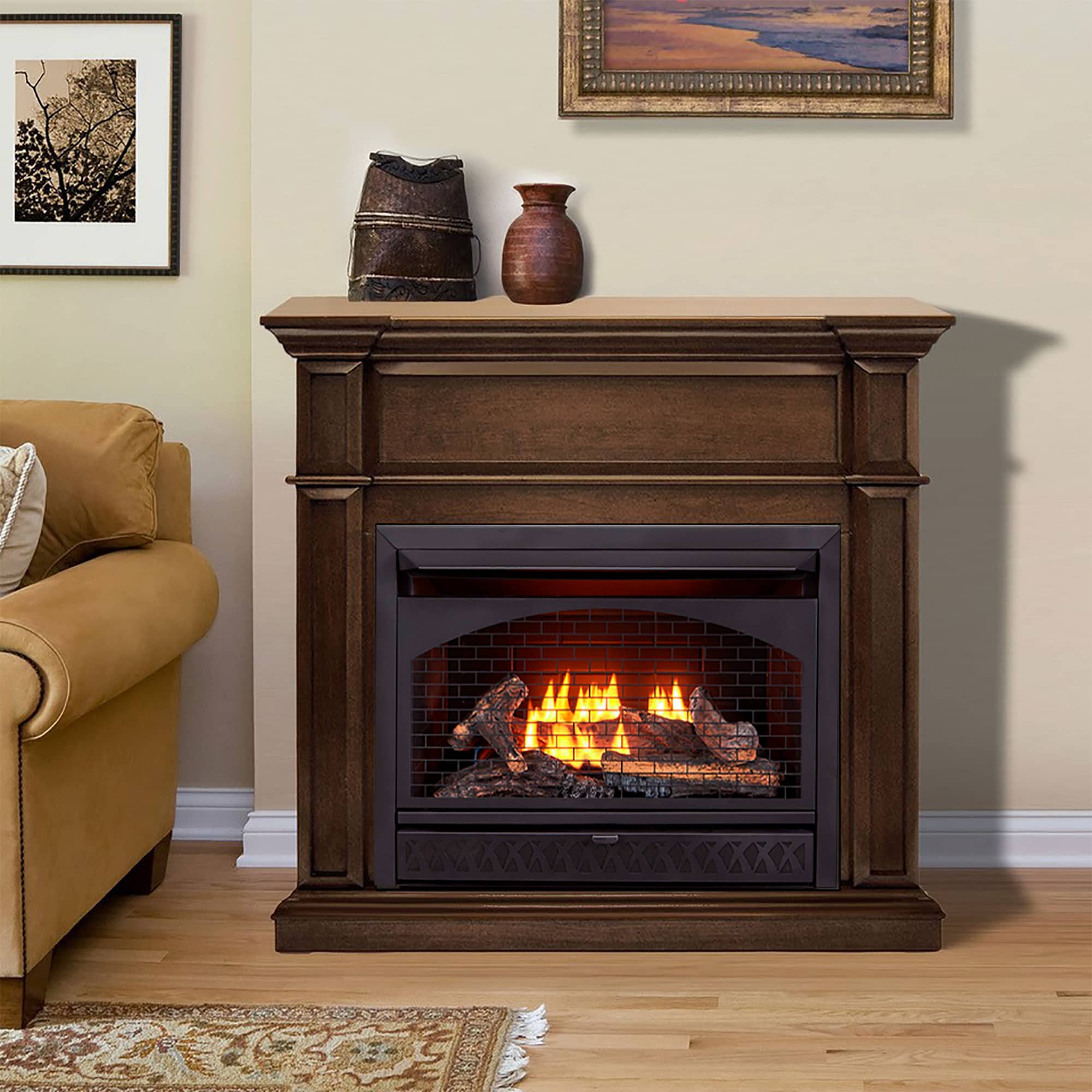 ProCom Dual Fuel Vent Free Gas Fireplace System 26,000 BTU, T-Stat Control, Gingerbread Finish Model# FBNSD28T-3G